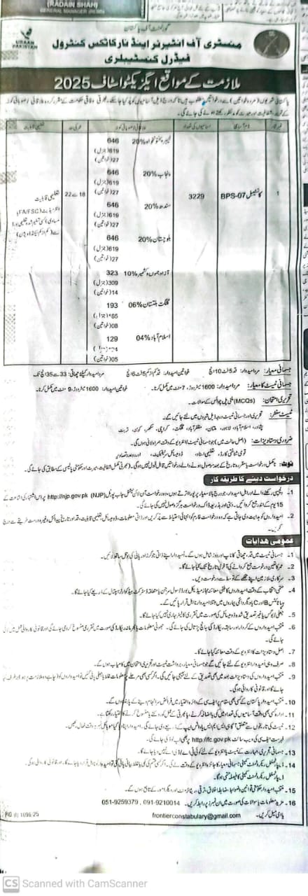 Frontier Constabulary FC Jobs 2025 – Apply Online for BPS-07 Posts